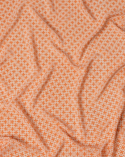 Orange with White Geometric Lattice Print Pure Silk Crepe Fabric, 110 Cms Width, Made in India-D23160
