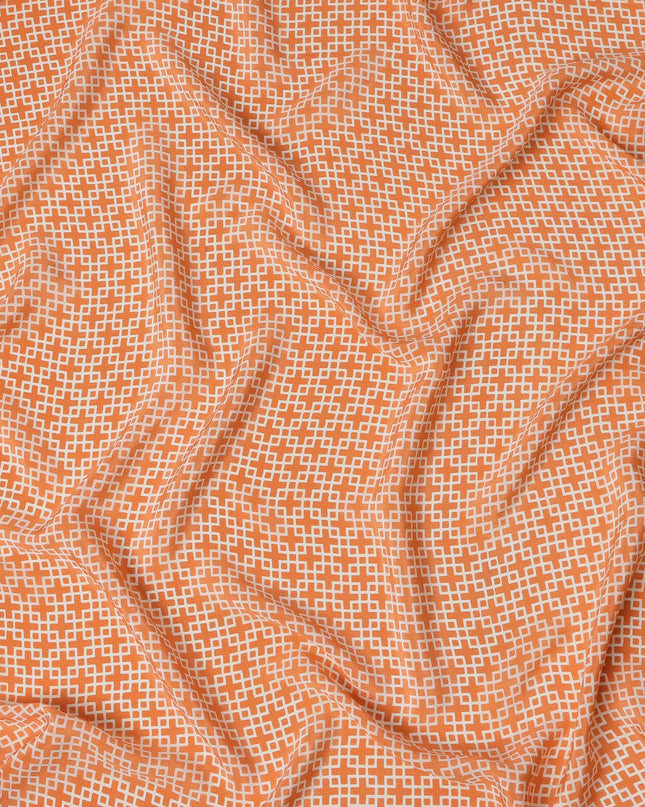 Orange with White Geometric Lattice Print Pure Silk Crepe Fabric, 110 Cms Width, Made in India-D23160 - Regal Fabrics