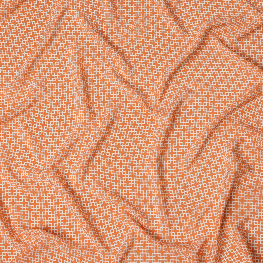 Orange with White Geometric Lattice Print Pure Silk Crepe Fabric, 110 Cms Width, Made in India-D23160