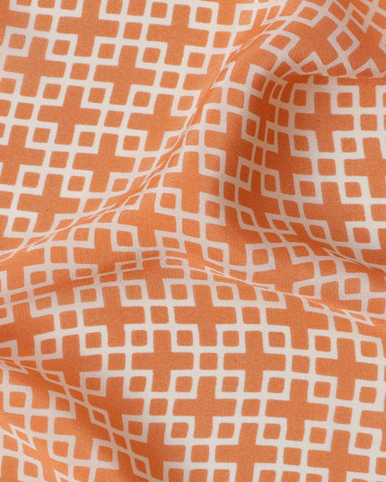 Orange with White Geometric Lattice Print Pure Silk Crepe Fabric, 110 Cms Width, Made in India-D23160