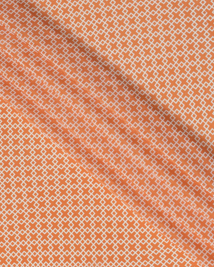 Orange with White Geometric Lattice Print Pure Silk Crepe Fabric, 110 Cms Width, Made in India-D23160