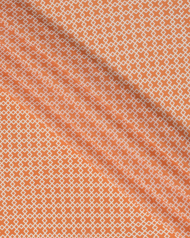Orange with White Geometric Lattice Print Pure Silk Crepe Fabric, 110 Cms Width, Made in India-D23160 - Regal Fabrics