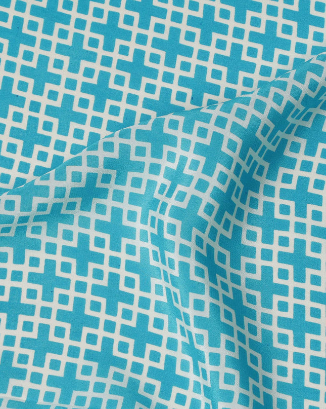 قماش كريب حريري خالص بطبعة هندسية شبكية باللون الأزرق السماوي والأبيض، عرض 110 سم، صنع في الهند - D23161