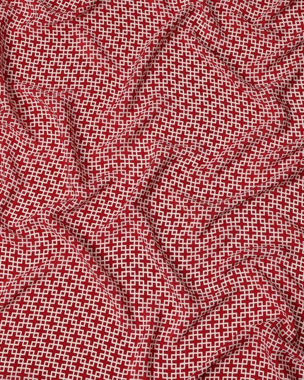 Deep Red with White Geometric Lattice Print Pure Silk Crepe Fabric, 110 Cms Width, Made in India-D23162