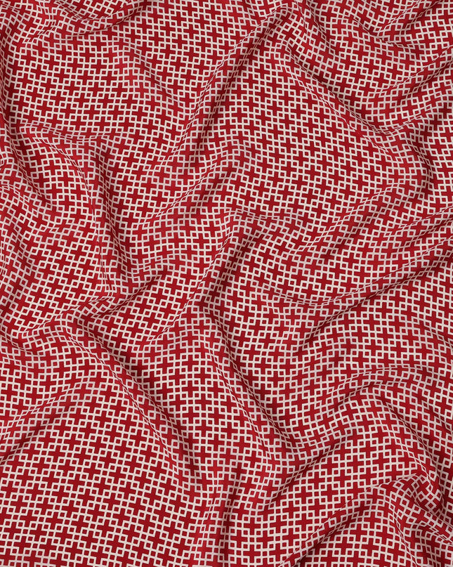 Deep Red with White Geometric Lattice Print Pure Silk Crepe Fabric, 110 Cms Width, Made in India-D23162 - Regal Fabrics