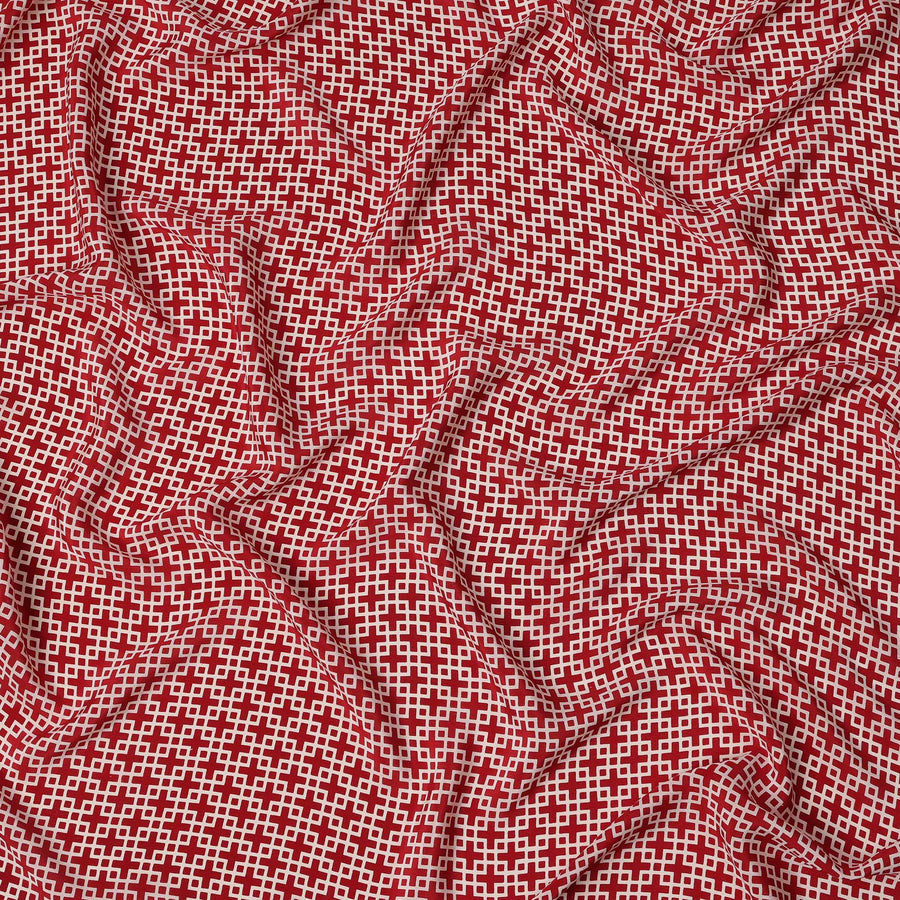 Deep Red with White Geometric Lattice Print Pure Silk Crepe Fabric, 110 Cms Width, Made in India-D23162