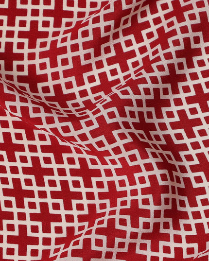 Deep Red with White Geometric Lattice Print Pure Silk Crepe Fabric, 110 Cms Width, Made in India-D23162