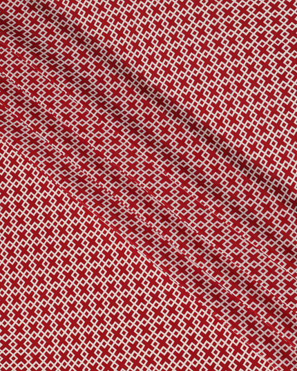 Deep Red with White Geometric Lattice Print Pure Silk Crepe Fabric, 110 Cms Width, Made in India-D23162