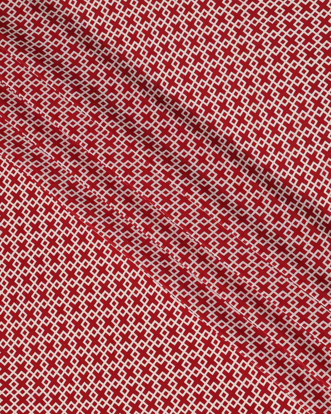 Deep Red with White Geometric Lattice Print Pure Silk Crepe Fabric, 110 Cms Width, Made in India-D23162 - Regal Fabrics