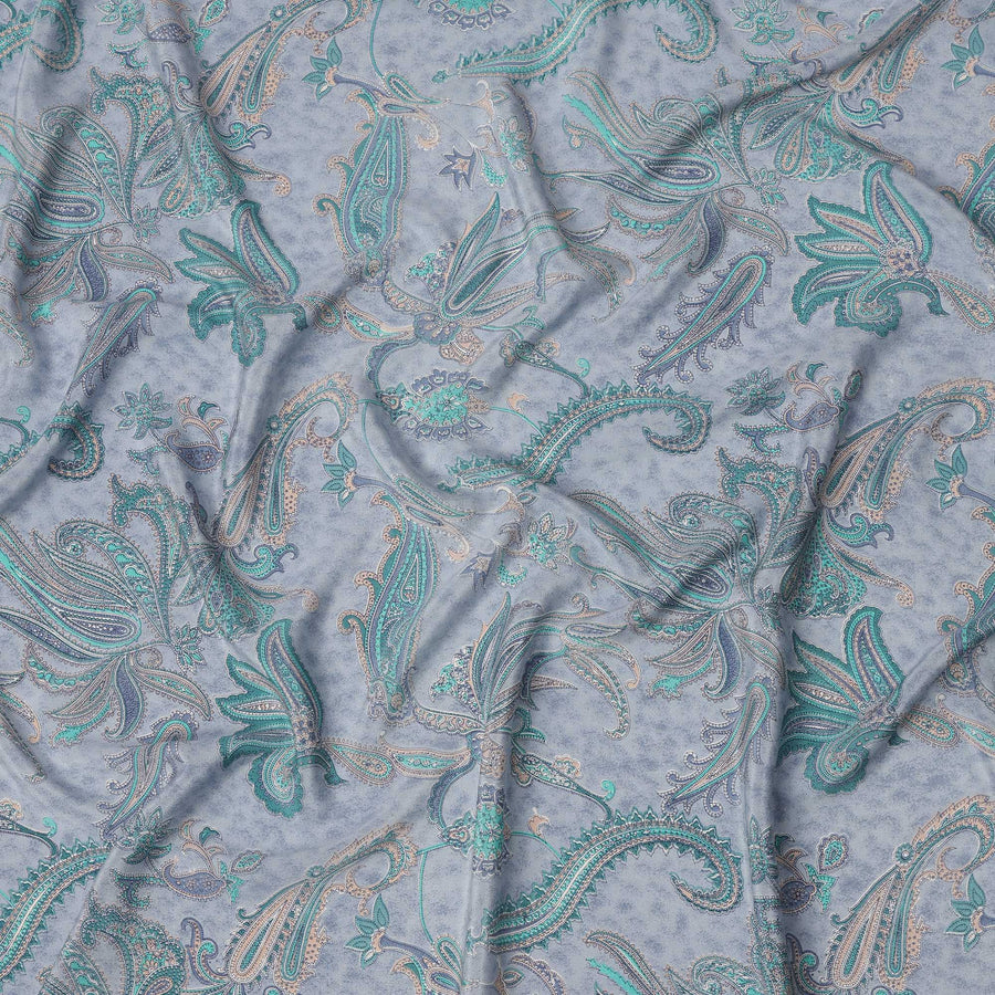 Powder Blue with Multicolor Paisley Floral Print Pure Silk Crepe Fabric, 110 Cms Width, Made in India-D23163 - Regal Fabrics