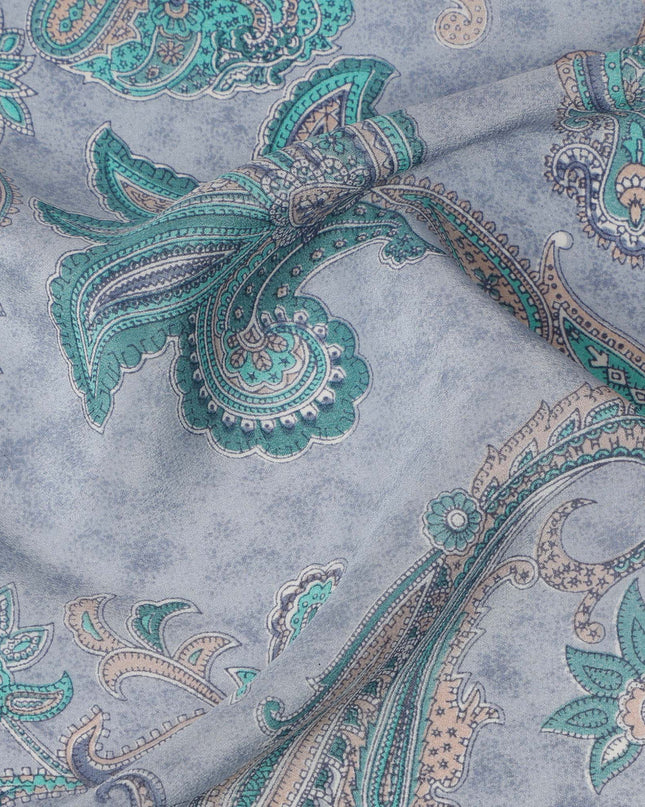 Powder Blue with Multicolor Paisley Floral Print Pure Silk Crepe Fabric, 110 Cms Width, Made in India-D23163 - Regal Fabrics