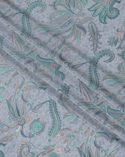 Powder Blue with Multicolor Paisley Floral Print Pure Silk Crepe Fabric, 110 Cms Width, Made in India-D23163 - Regal Fabrics