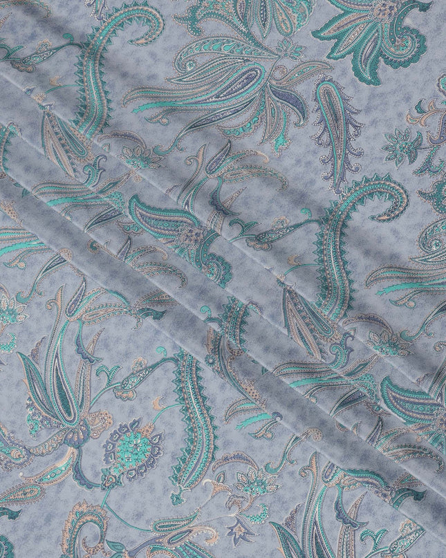 Powder Blue with Multicolor Paisley Floral Print Pure Silk Crepe Fabric, 110 Cms Width, Made in India-D23163 - Regal Fabrics