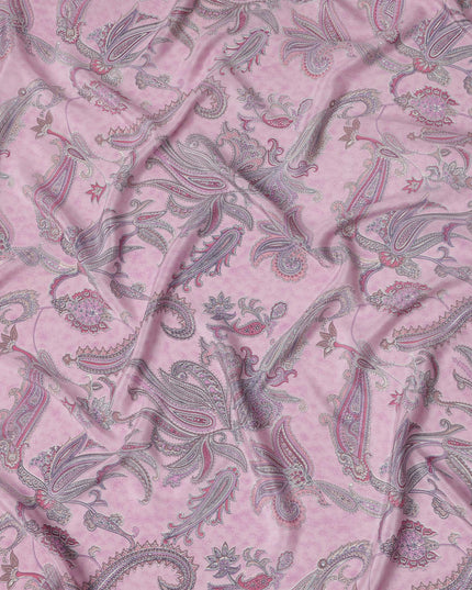 Baby Pink with Multicolor Paisley Floral Print Pure Silk Crepe Fabric, 110 Cms Width, Made in India-D23164