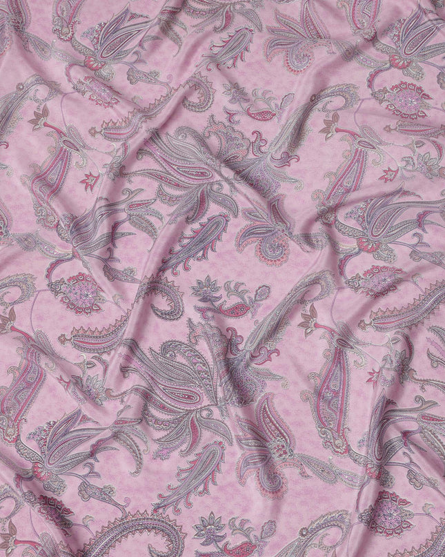 Baby Pink with Multicolor Paisley Floral Print Pure Silk Crepe Fabric, 110 Cms Width, Made in India-D23164