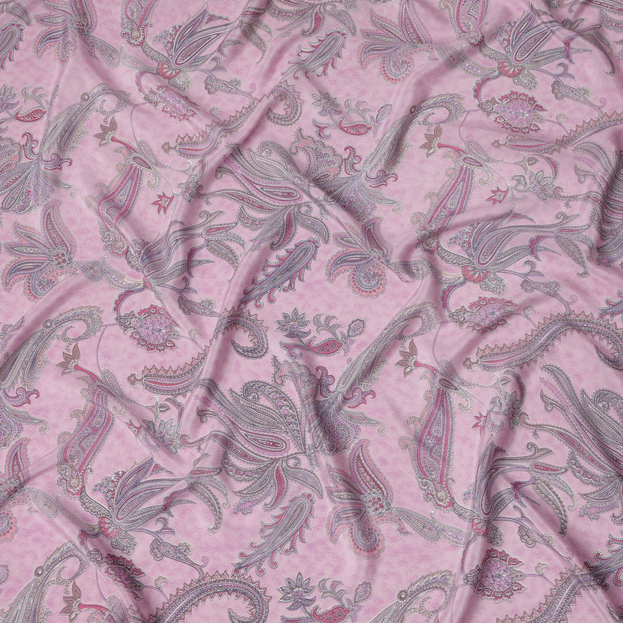 Baby Pink with Multicolor Paisley Floral Print Pure Silk Crepe Fabric, 110 Cms Width, Made in India-D23164
