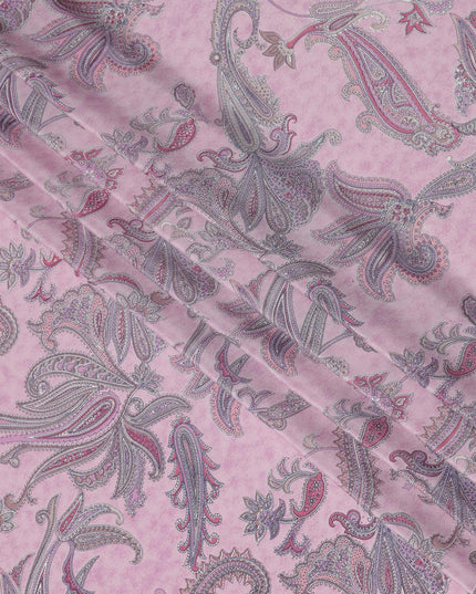 Baby Pink with Multicolor Paisley Floral Print Pure Silk Crepe Fabric, 110 Cms Width, Made in India-D23164