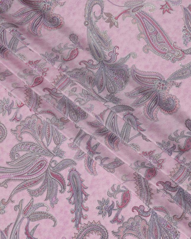 Baby Pink with Multicolor Paisley Floral Print Pure Silk Crepe Fabric, 110 Cms Width, Made in India-D23164