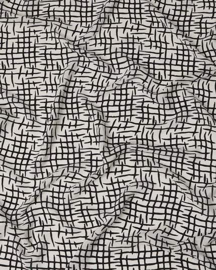 White Base Abstract Cross Hatch Print Pure Silk Crepe Fabric, 110 Cms Width, Made in India-D23168 - Regal Fabrics