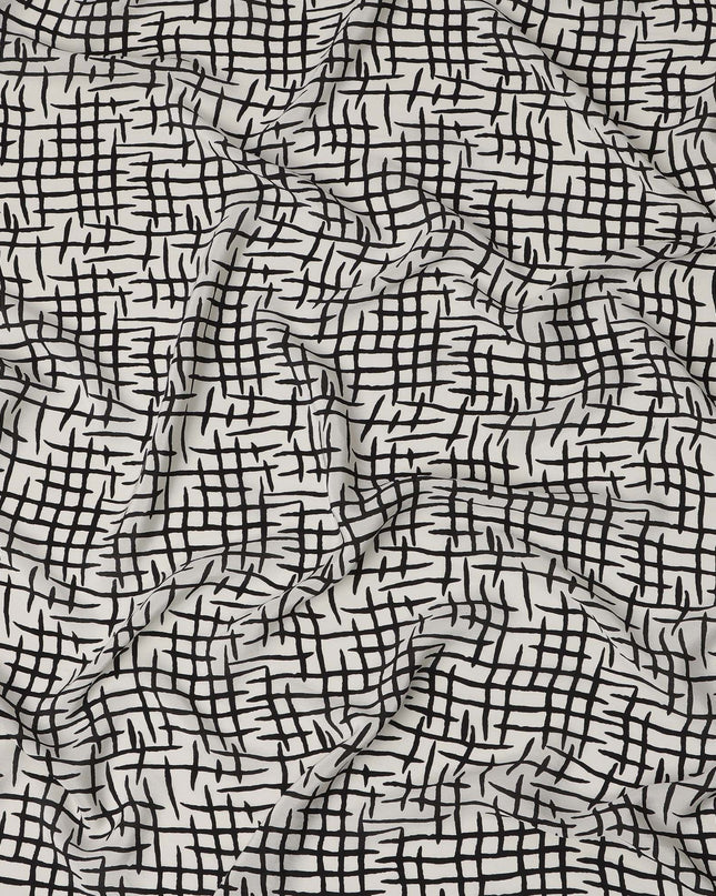 White Base Abstract Cross Hatch Print Pure Silk Crepe Fabric, 110 Cms Width, Made in India-D23168 - Regal Fabrics