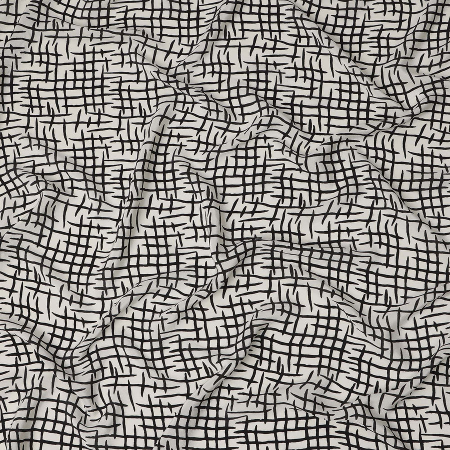 White Base Abstract Cross Hatch Print Pure Silk Crepe Fabric, 110 Cms Width, Made in India-D23168 - Regal Fabrics