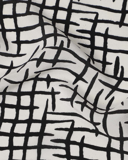 White Base Abstract Cross Hatch Print Pure Silk Crepe Fabric, 110 Cms Width, Made in India-D23168 - Regal Fabrics