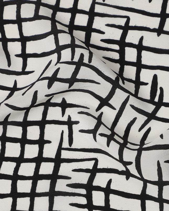 White Base Abstract Cross Hatch Print Pure Silk Crepe Fabric, 110 Cms Width, Made in India-D23168 - Regal Fabrics