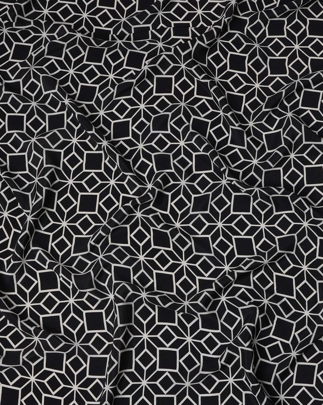قماش كريب حريري خالص بطبعة مكعب بصري هندسي أسود، عرض 110 سم، صنع في الهند - D23169