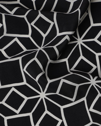 قماش كريب حريري خالص بطبعة مكعب بصري هندسي أسود، عرض 110 سم، صنع في الهند - D23169