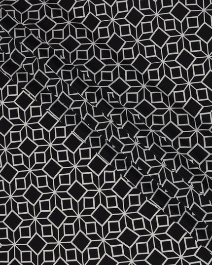 قماش كريب حريري خالص بطبعة مكعب بصري هندسي أسود، عرض 110 سم، صنع في الهند - D23169
