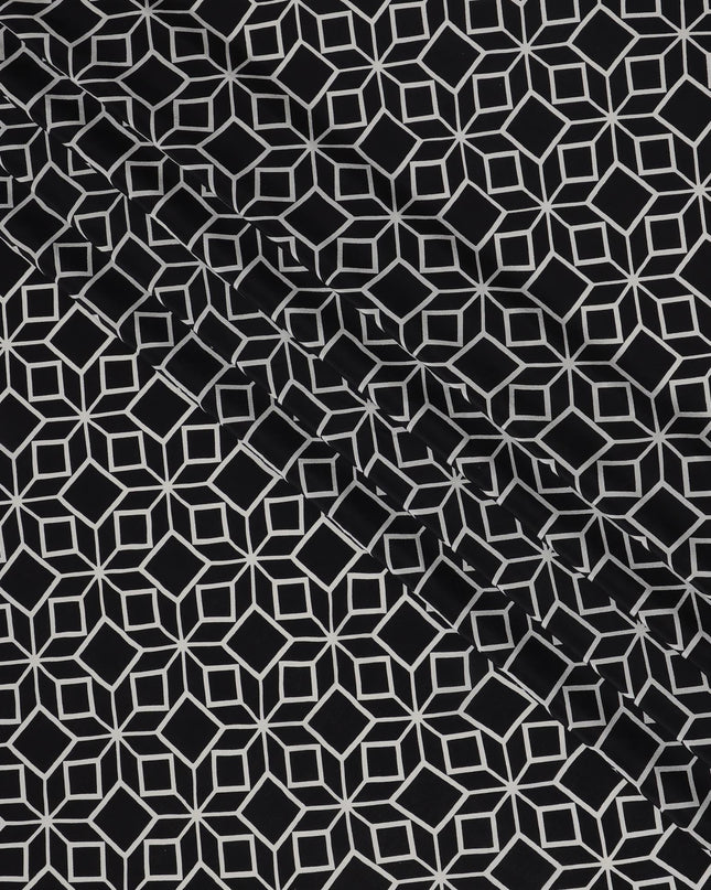 قماش كريب حريري خالص بطبعة مكعب بصري هندسي أسود، عرض 110 سم، صنع في الهند - D23169