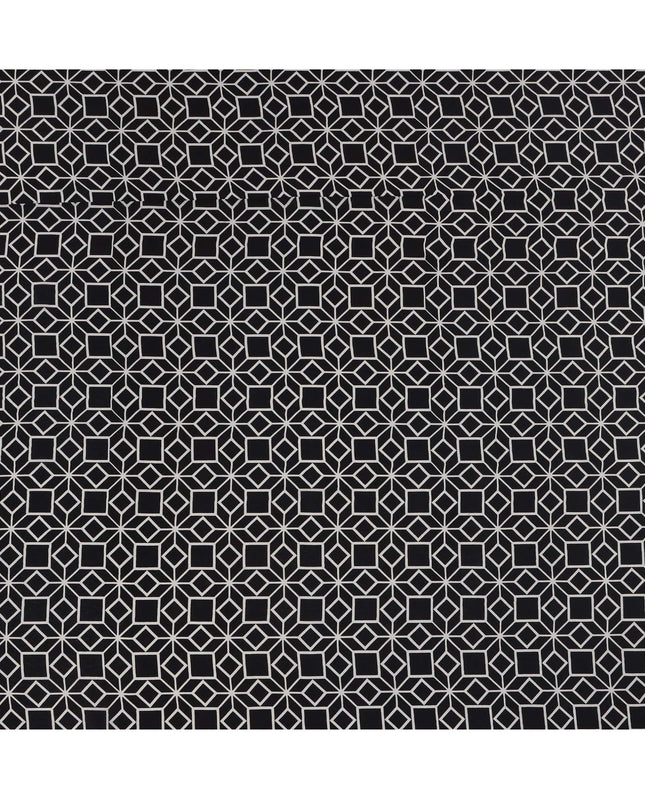 قماش كريب حريري خالص بطبعة مكعب بصري هندسي أسود، عرض 110 سم، صنع في الهند - D23169