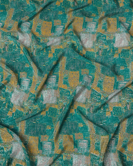 قماش كريب حرير نقي بنقشة تجريدية باللون الأخضر المزرق، عرض 110 سم، صنع في الهند - D23171
