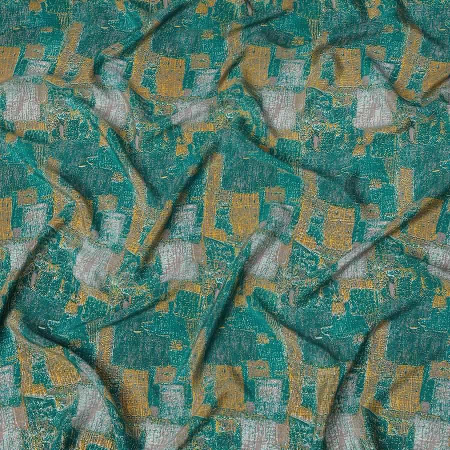قماش كريب حرير نقي بنقشة تجريدية باللون الأخضر المزرق، عرض 110 سم، صنع في الهند - D23171