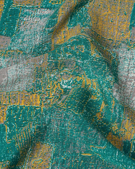 قماش كريب حرير نقي بنقشة تجريدية باللون الأخضر المزرق، عرض 110 سم، صنع في الهند - D23171