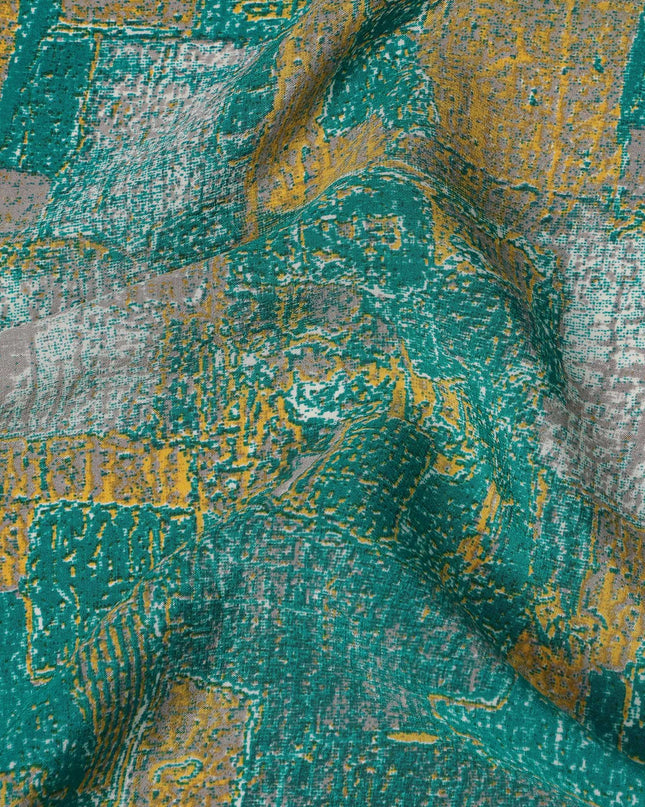 قماش كريب حرير نقي بنقشة تجريدية باللون الأخضر المزرق، عرض 110 سم، صنع في الهند - D23171