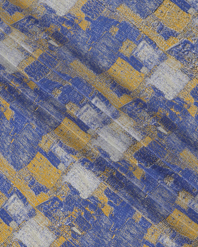 قماش كريب حريري خالص بنقشة تجريدية زرقاء ملكية، عرض 110 سم، صنع في الهند - D23172