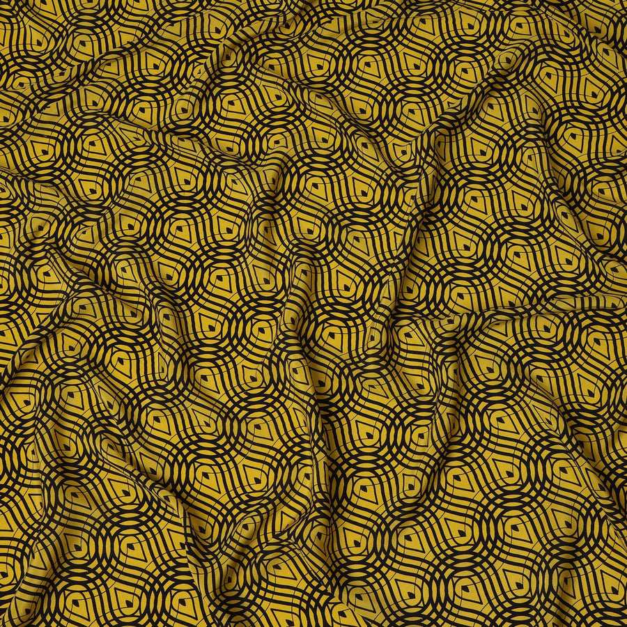 قماش كريب حريري خالص بطبعة متاهة هندسية باللون الأصفر الخردلي، عرض 110 سم، صنع في الهند - D23173