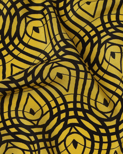 قماش كريب حريري خالص بطبعة متاهة هندسية باللون الأصفر الخردلي، عرض 110 سم، صنع في الهند - D23173