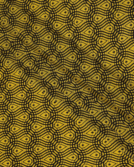 قماش كريب حريري خالص بطبعة متاهة هندسية باللون الأصفر الخردلي، عرض 110 سم، صنع في الهند - D23173