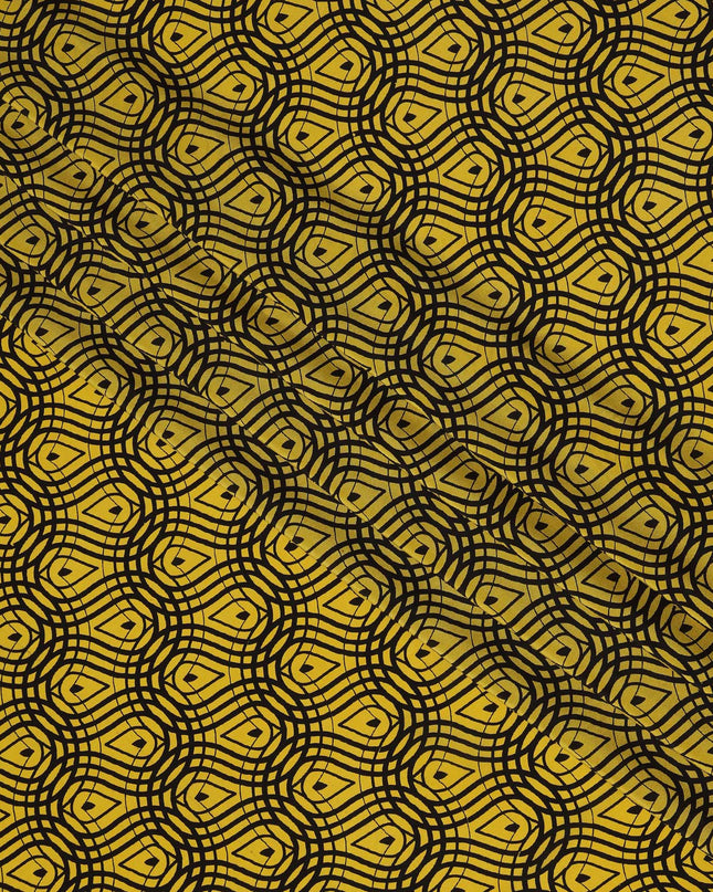 قماش كريب حريري خالص بطبعة متاهة هندسية باللون الأصفر الخردلي، عرض 110 سم، صنع في الهند - D23173