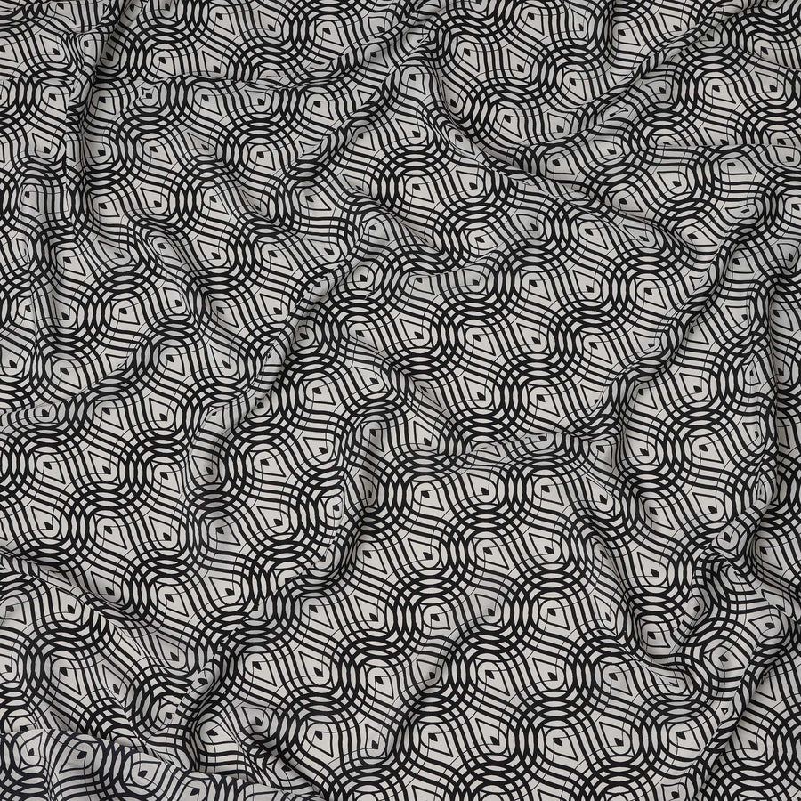 قماش كريب حريري نقي بطبعة متاهة بصرية باللونين الأبيض والأسود، عرض 110 سم، صنع في الهند - D23174