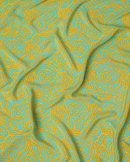 Aqua and Mustard Swirl Mosaic Print Pure Silk Crepe Fabric, 110 Cms Width, Made in India-D23175