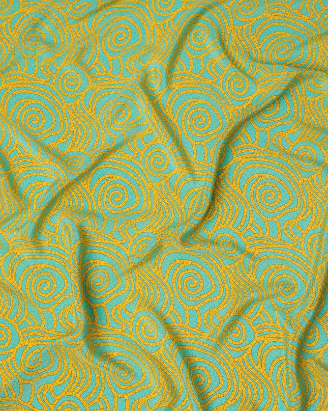 Aqua and Mustard Swirl Mosaic Print Pure Silk Crepe Fabric, 110 Cms Width, Made in India-D23175