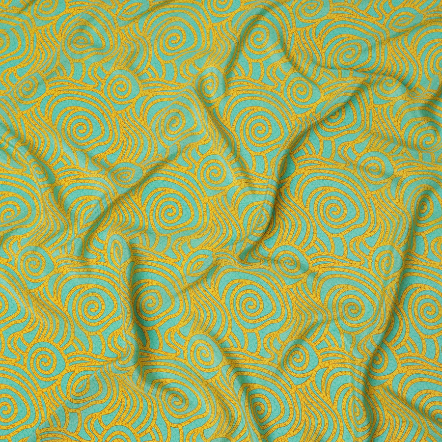 Aqua and Mustard Swirl Mosaic Print Pure Silk Crepe Fabric, 110 Cms Width, Made in India-D23175