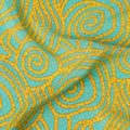 Aqua and Mustard Swirl Mosaic Print Pure Silk Crepe Fabric, 110 Cms Width, Made in India-D23175