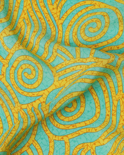 Aqua and Mustard Swirl Mosaic Print Pure Silk Crepe Fabric, 110 Cms Width, Made in India-D23175