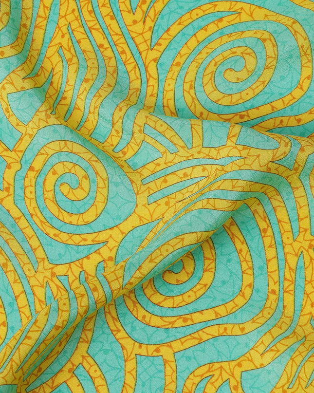 Aqua and Mustard Swirl Mosaic Print Pure Silk Crepe Fabric, 110 Cms Width, Made in India-D23175