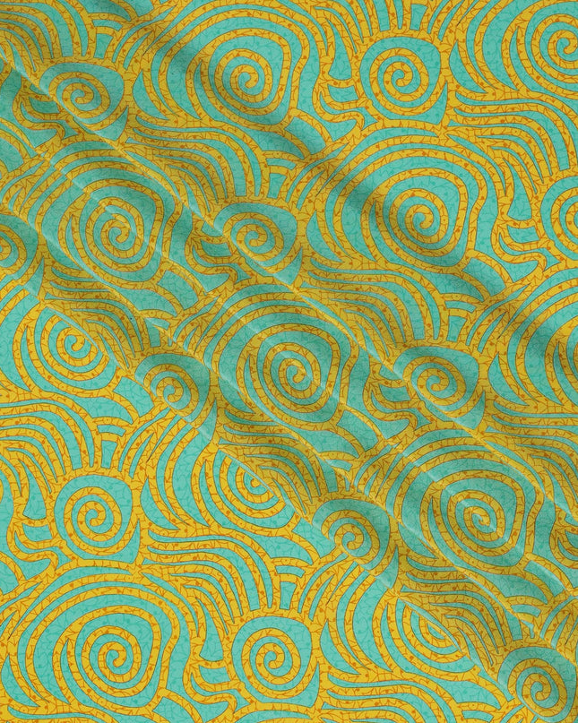 Aqua and Mustard Swirl Mosaic Print Pure Silk Crepe Fabric, 110 Cms Width, Made in India-D23175