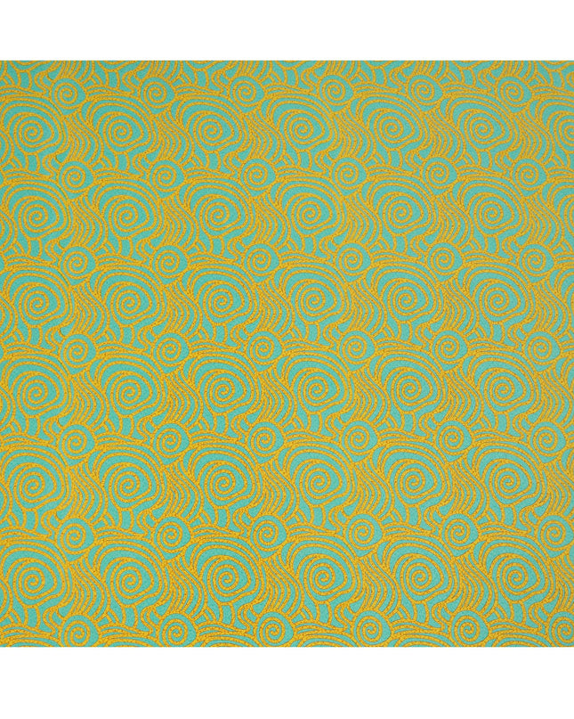 Aqua and Mustard Swirl Mosaic Print Pure Silk Crepe Fabric, 110 Cms Width, Made in India-D23175
